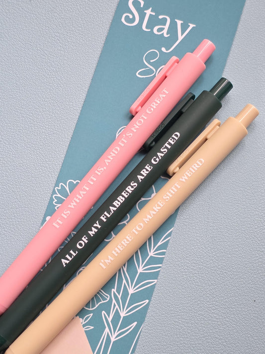 Snarky Humor Pen Set | 3 Sarcastic Pens with Color Ink - Gift For Bestie All Of My Flabbers Are Gasted