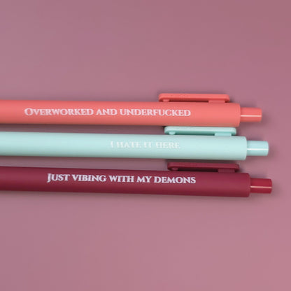 I Hate It Here Pen Set | Funny Sarcastic Pens | Demon Vibes Stationery Gift | Snarky Office Supplies | Mental Health Humor Pen Set