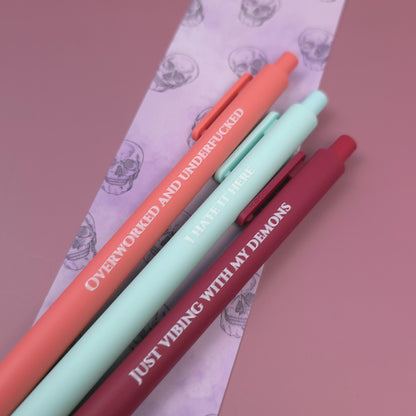 I Hate It Here Pen Set | Funny Sarcastic Pens | Demon Vibes Stationery Gift | Snarky Office Supplies | Mental Health Humor Pen Set