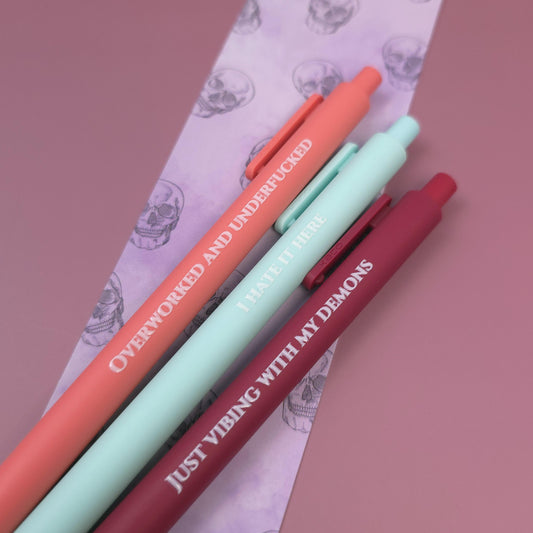 I Hate It Here Pen Set | Funny Sarcastic Pens | Demon Vibes Stationery Gift | Snarky Office Supplies | Mental Health Humor Pen Set