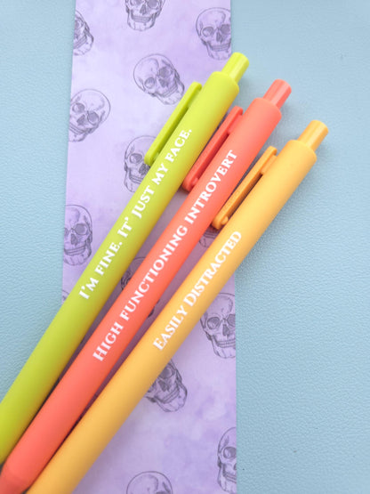 Pen Set for Introvert Adults | Snarky Sayings on Color Ink Pens | Gift for Besties Easily Distracted