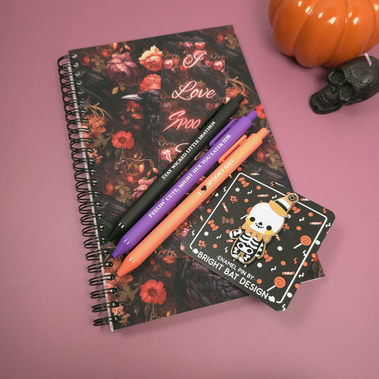 Halloween Gift Set For Her Spooky Notebook, Snarky Pen Set & Enamel Pin | Halloween Stationery Gift for  Spooky Besties