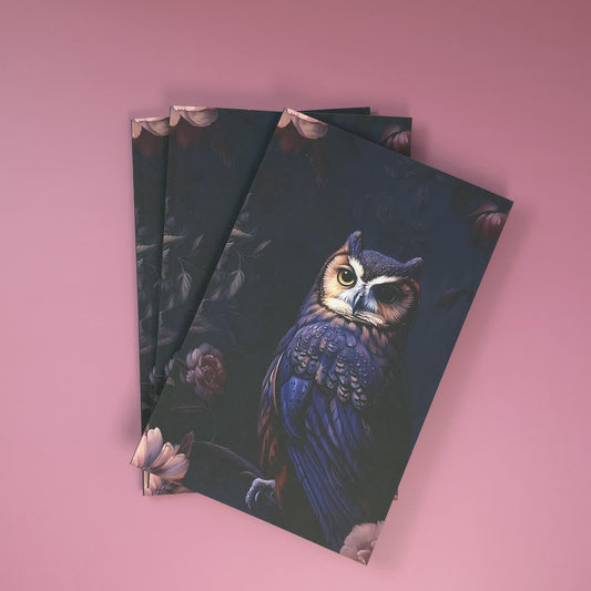 Dark Floral Owl Notebook | 5.5x8.5” Lined Journal with Soft Touch Cover | Dark Academia Stationery | Nocturne Nook Notebook | 115 Pages
