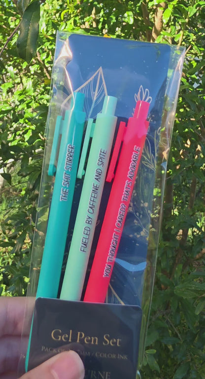 Sassy Pen Set | Funny & Snarky Pens for Adults | "Fueled by Caffeine and Spite", "You Thought I Cared?", "The Shit Stirrer"