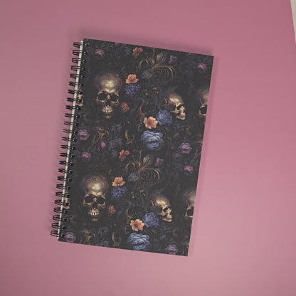 Baroque Floral Skull Lined Soft Cover Notebook – 5.5" x 8.5" | 80 Sheets | Metal O-Ring Bound