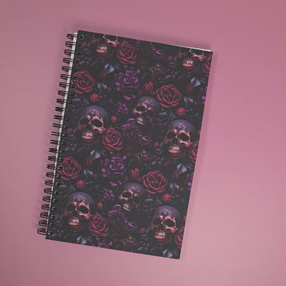 Red & Purple Floral Notebook with Rose Gold Skulls – Lined Soft Cover | 5.5" x 8.5" | 80 Sheets | Metal O-Ring Bound