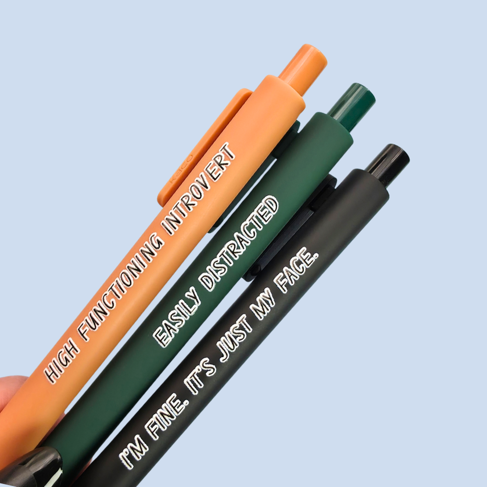 Pen Set for Introvert Adults | Snarky Sayings on Color Ink Pens | Gift for Besties Easily Distracted