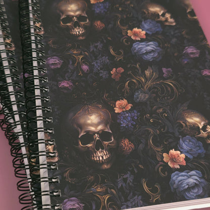 Baroque Floral Skull Lined Soft Cover Notebook – 5.5" x 8.5" | 80 Sheets | Metal O-Ring Bound