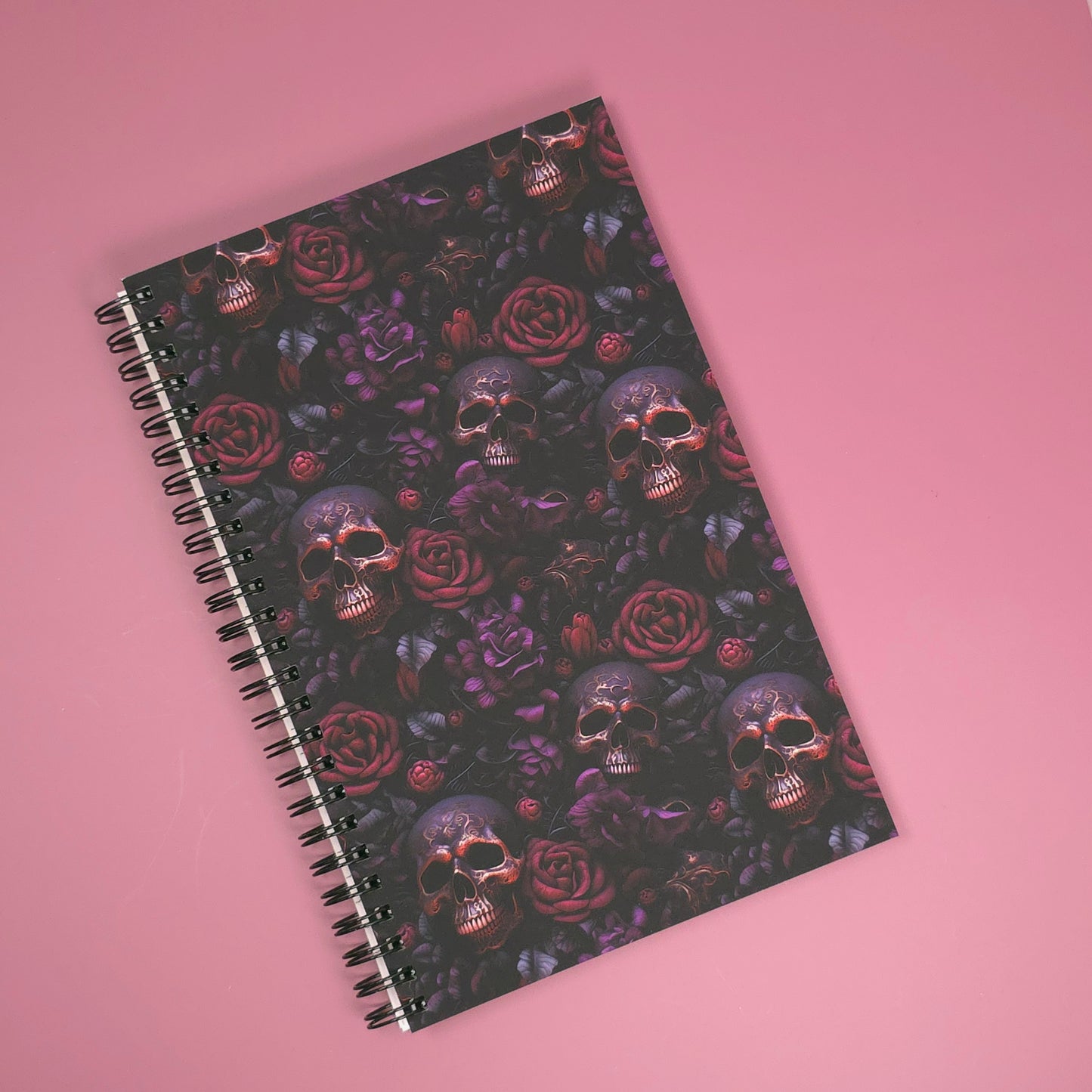 Red & Purple Floral Notebook with Rose Gold Skulls – Lined Soft Cover | 5.5" x 8.5" | 80 Sheets | Metal O-Ring Bound