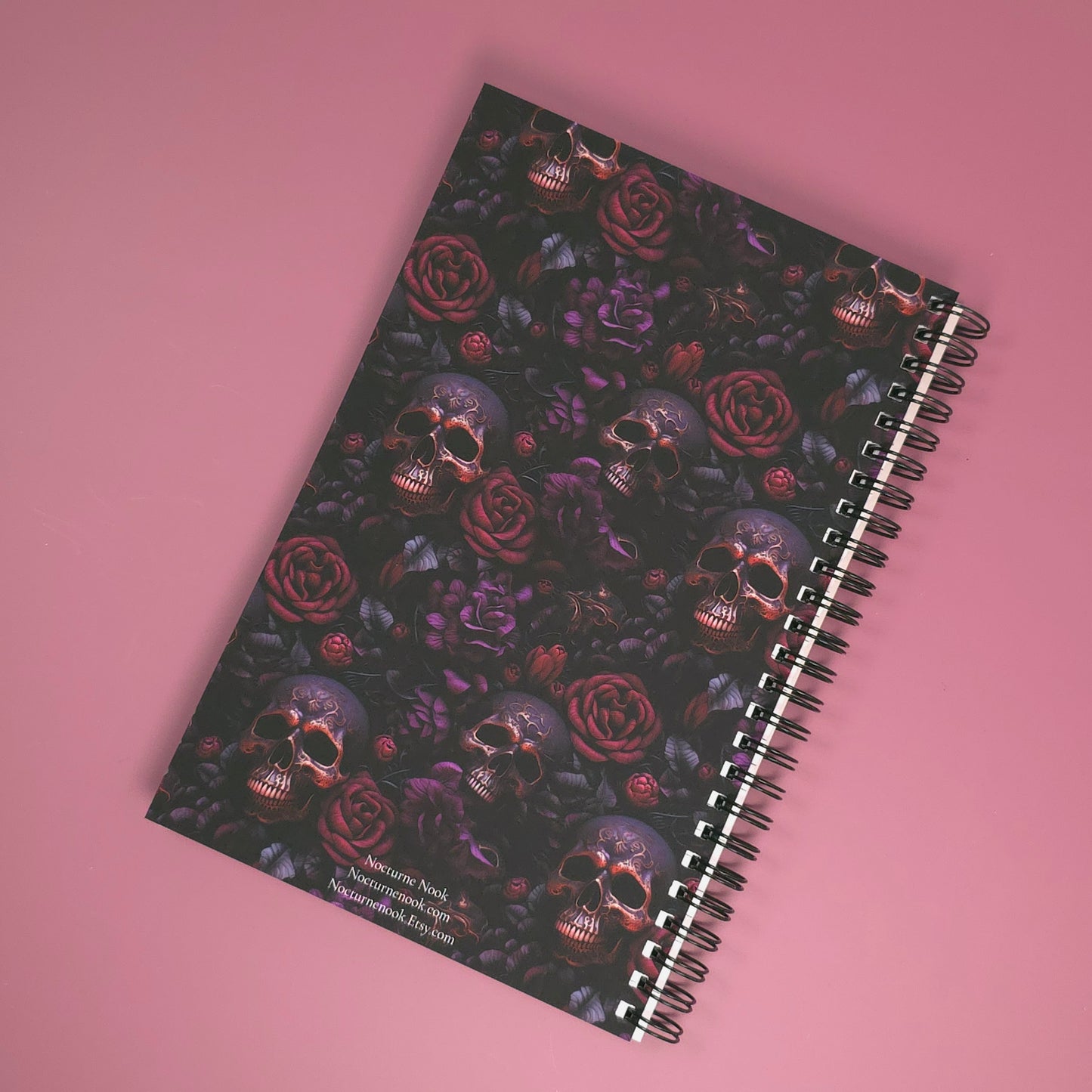 Red & Purple Floral Notebook with Rose Gold Skulls – Lined Soft Cover | 5.5" x 8.5" | 80 Sheets | Metal O-Ring Bound