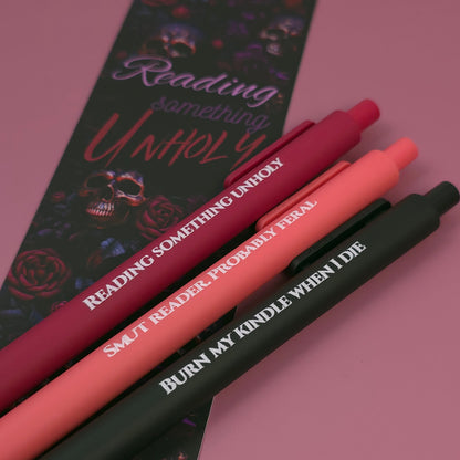 Reading Something Unholy Pen Set – Smut Reader Gift with Bookmark Insert | Optional Matching Notebook