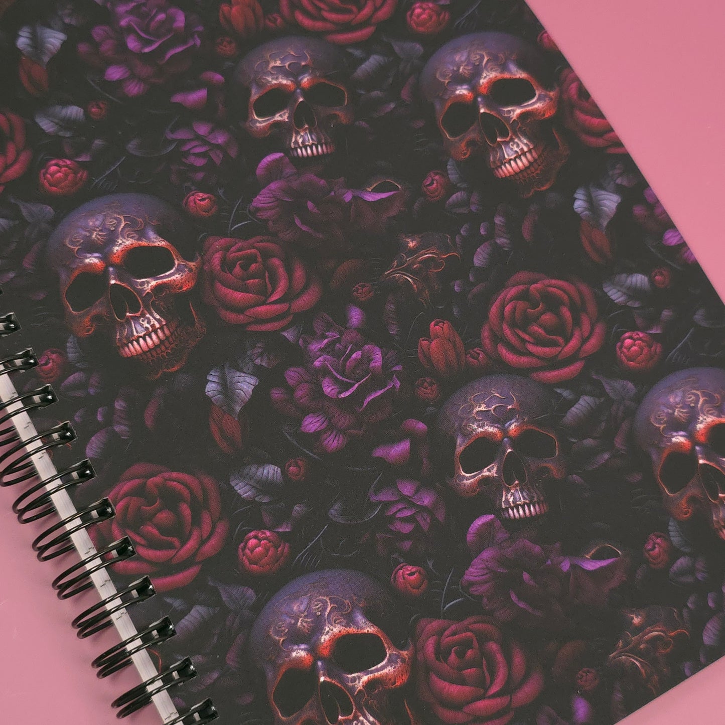 Red & Purple Floral Notebook with Rose Gold Skulls – Lined Soft Cover | 5.5" x 8.5" | 80 Sheets | Metal O-Ring Bound