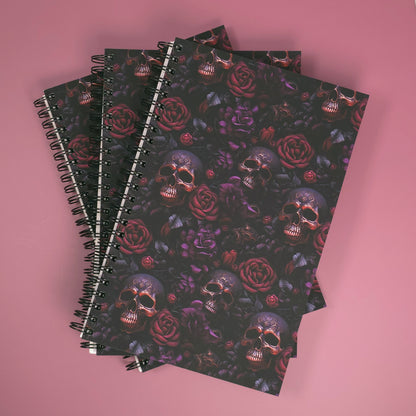 Red & Purple Floral Notebook with Rose Gold Skulls – Lined Soft Cover | 5.5" x 8.5" | 80 Sheets | Metal O-Ring Bound