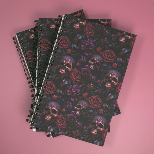 Red & Purple Floral Notebook with Rose Gold Skulls – Lined Soft Cover | 5.5" x 8.5" | 80 Sheets | Metal O-Ring Bound
