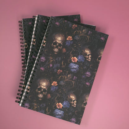 Baroque Floral Skull Lined Soft Cover Notebook – 5.5" x 8.5" | 80 Sheets | Metal O-Ring Bound