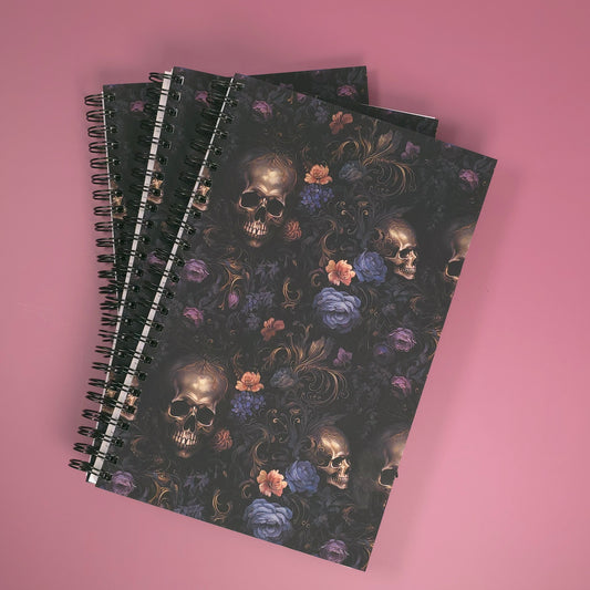 Baroque Floral Skull Lined Soft Cover Notebook – 5.5" x 8.5" | 80 Sheets | Metal O-Ring Bound