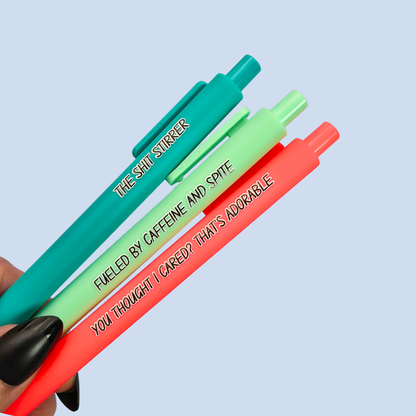 Sassy Pen Set | Funny & Snarky Pens for Adults | "Fueled by Caffeine and Spite", "You Thought I Cared?", "The Shit Stirrer"